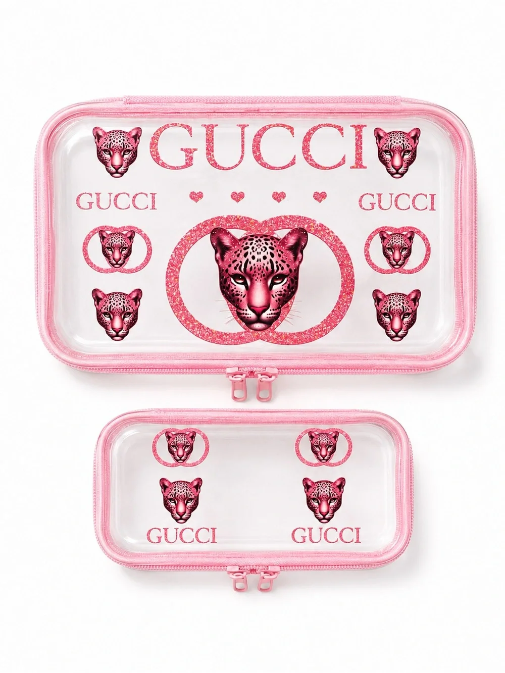 Pink Leopard Print Clear Zip Pouch Case Duo